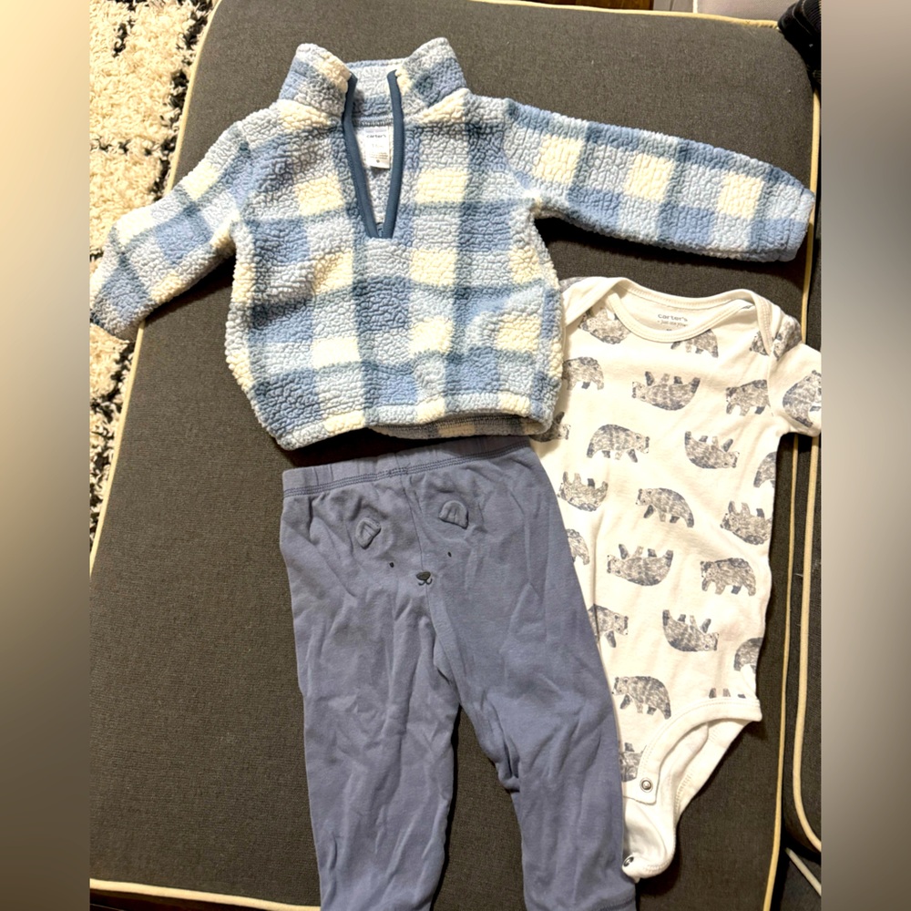 Blue and White Plaid Fleece Pullover with Bear Print Onesie and Pants Set